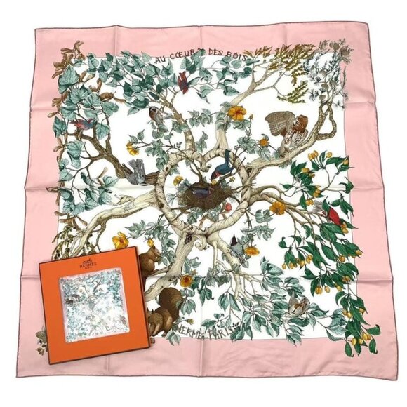 Hermes Carre 90 Scarf Silk U Coeur DES BOIS In The Forest Pink